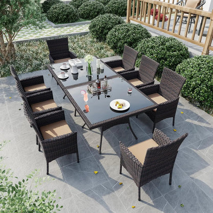 10 Piece Outdoor Dining Set, All-Weather Rattan Patio Furniture Set with Umbrella Hole Tempered Glass Square Table,, Customized