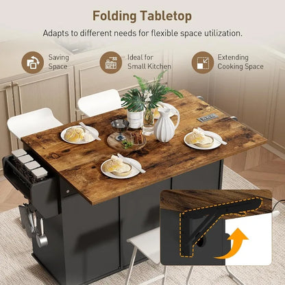 RALGEND Kitchen Island with Power Outlets & Drop Leaf, Kitchen Cart with Storage, Drawer and Spice Rack, Tower Rack