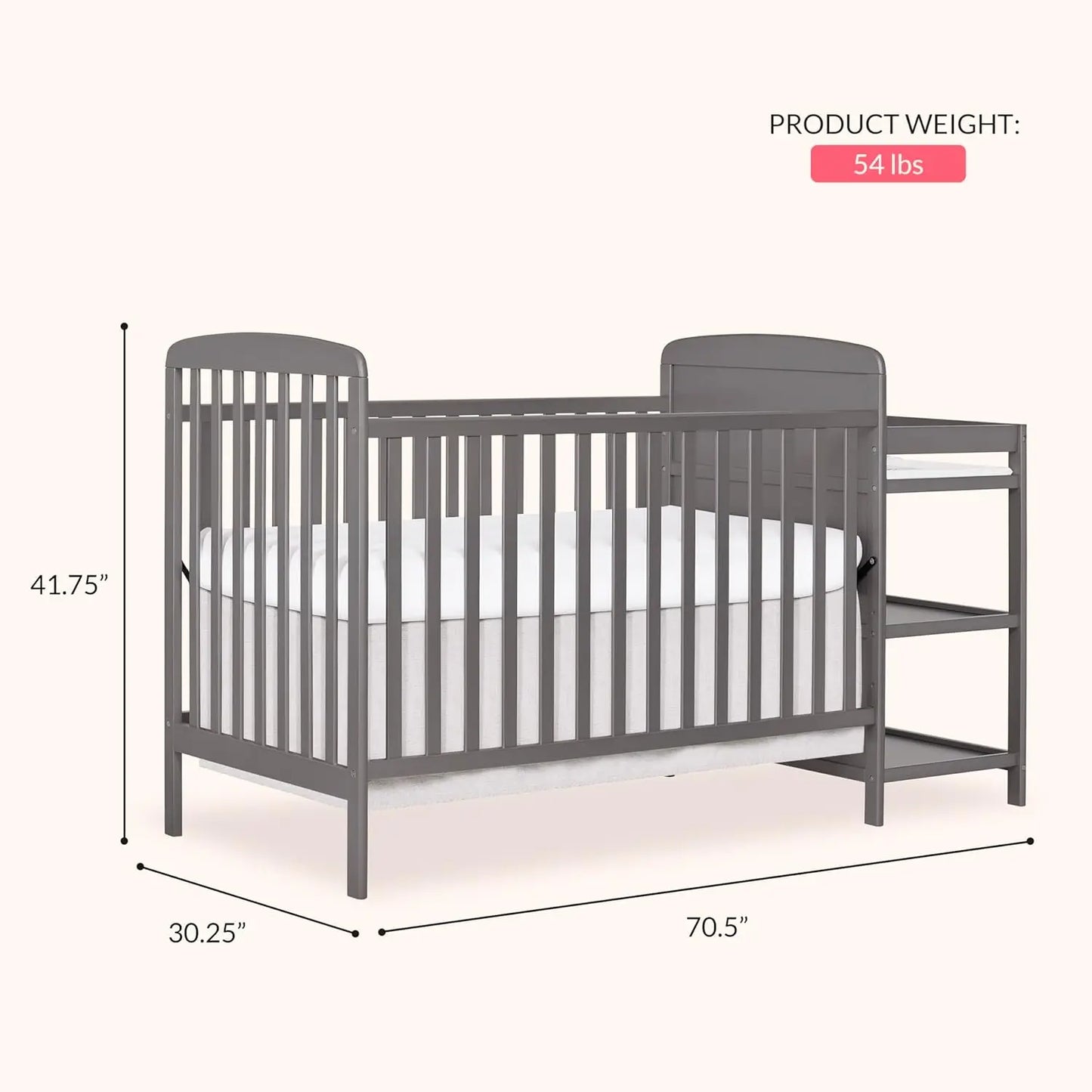 3-in-1 Convertible Baby Crib with Changing Table, Adjustable Mattress Heights, GREENGUARD Gold Certified for Safety