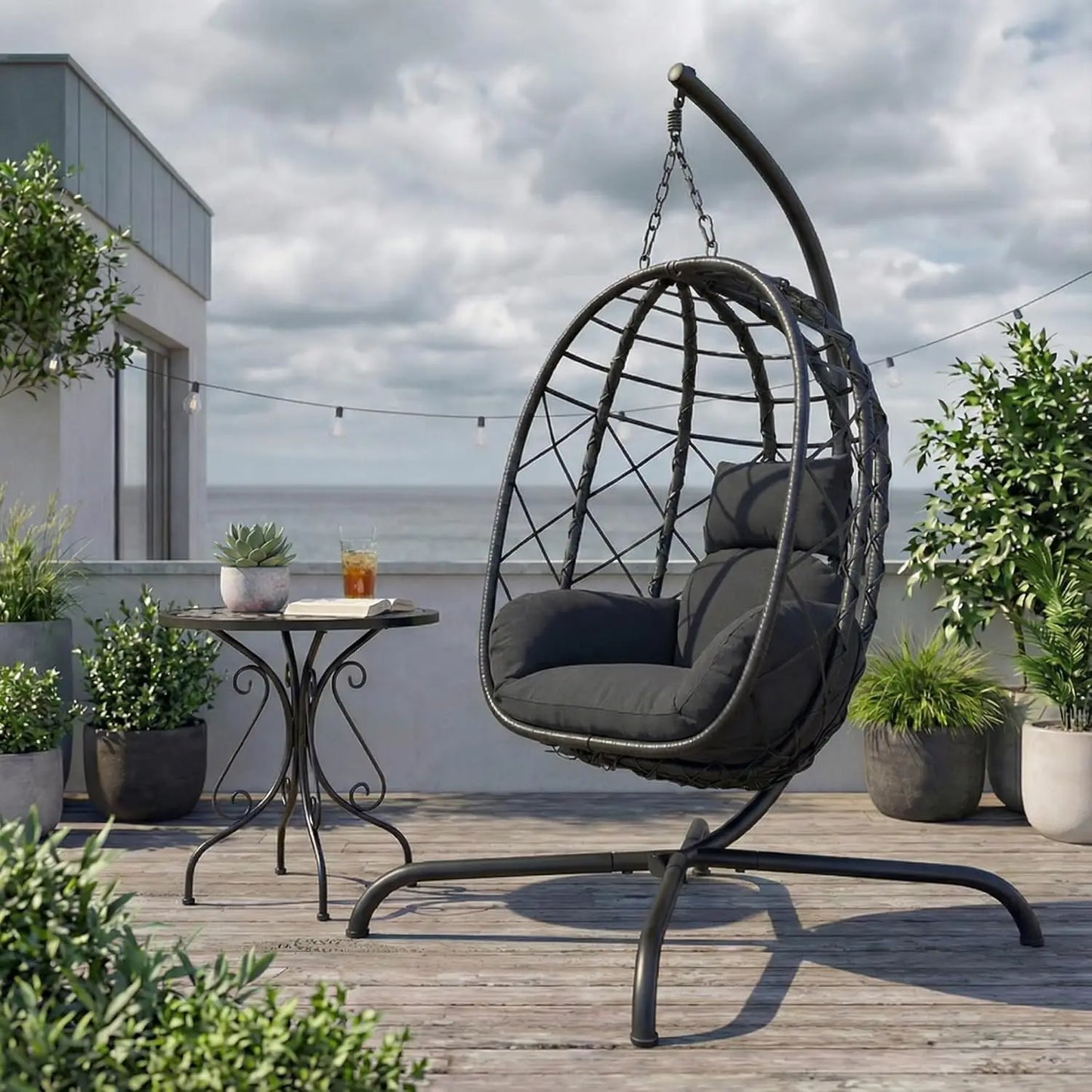 Wicker Foldable Hanging Egg Chair with Stand
