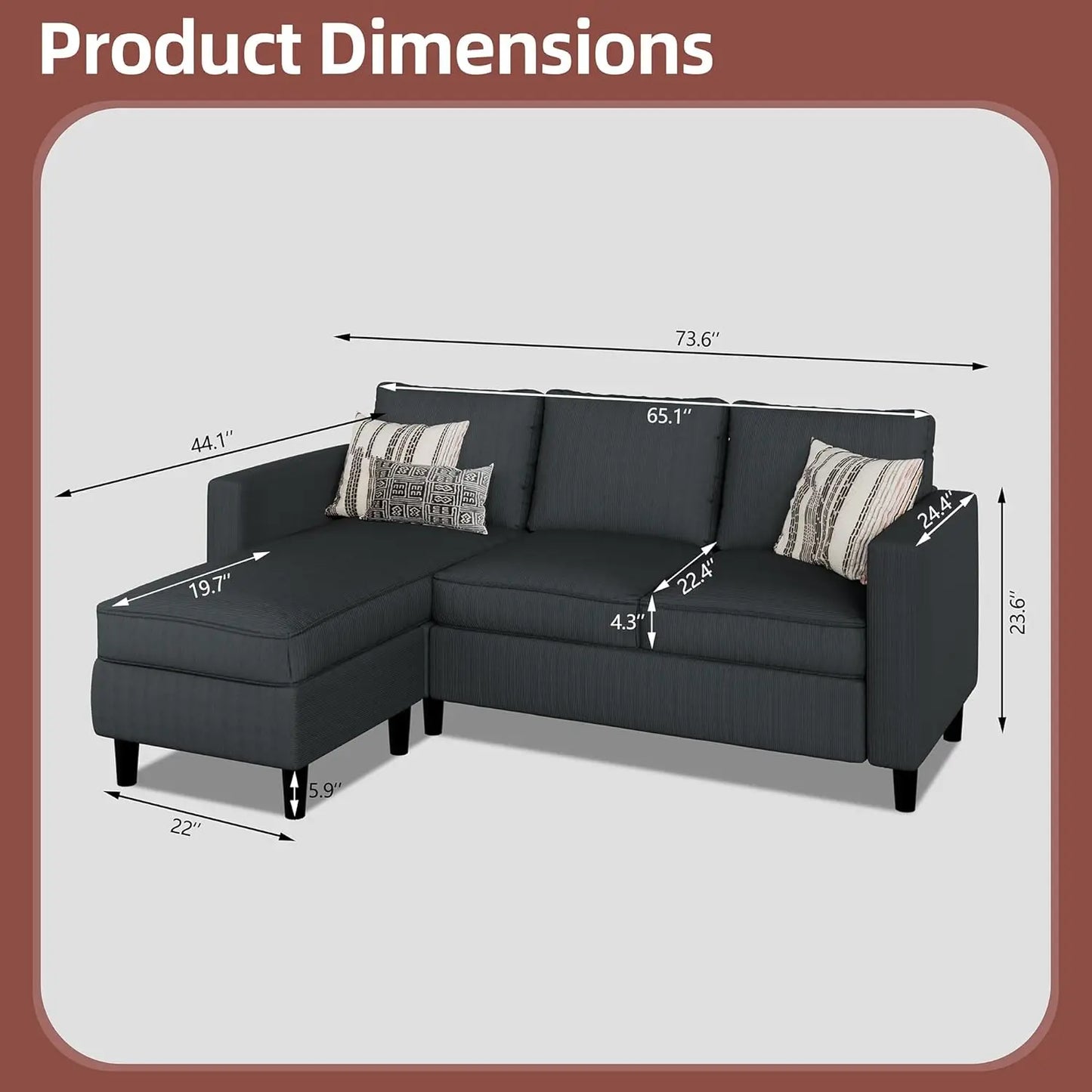 Convertible Sectional Sofa Couch L-Shape Movable Ottoman 3-Seat Soft Fabric Small Living Room Apartment Office Dark Gray, Custom