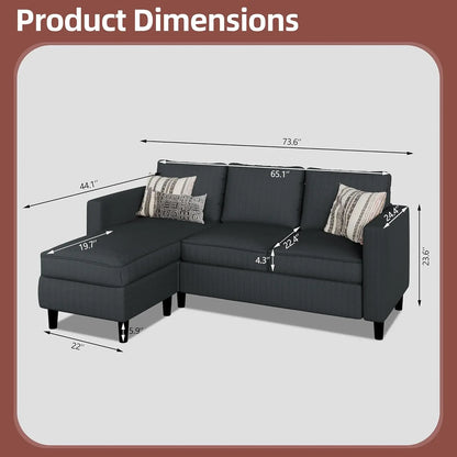 Convertible Sectional Sofa Couch L-Shape Movable Ottoman 3-Seat Soft Fabric Small Living Room Apartment Office Dark Gray, Custom