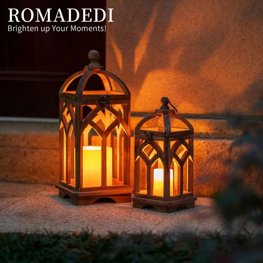 Farmhouse Candle Lantern Wooden  Set of 2 Decorative Rustic Wood Candle Holder