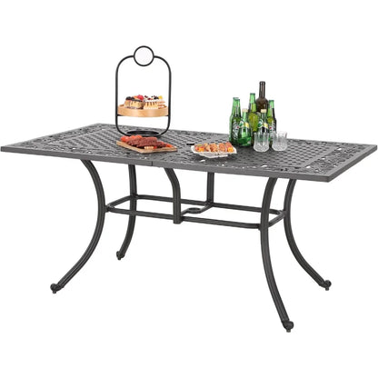 6-Person Rectangular Cast Aluminium Outdoor Dining Table, Patio Bistro Table with 2.3" Umbrella Hole for Porch Backyard