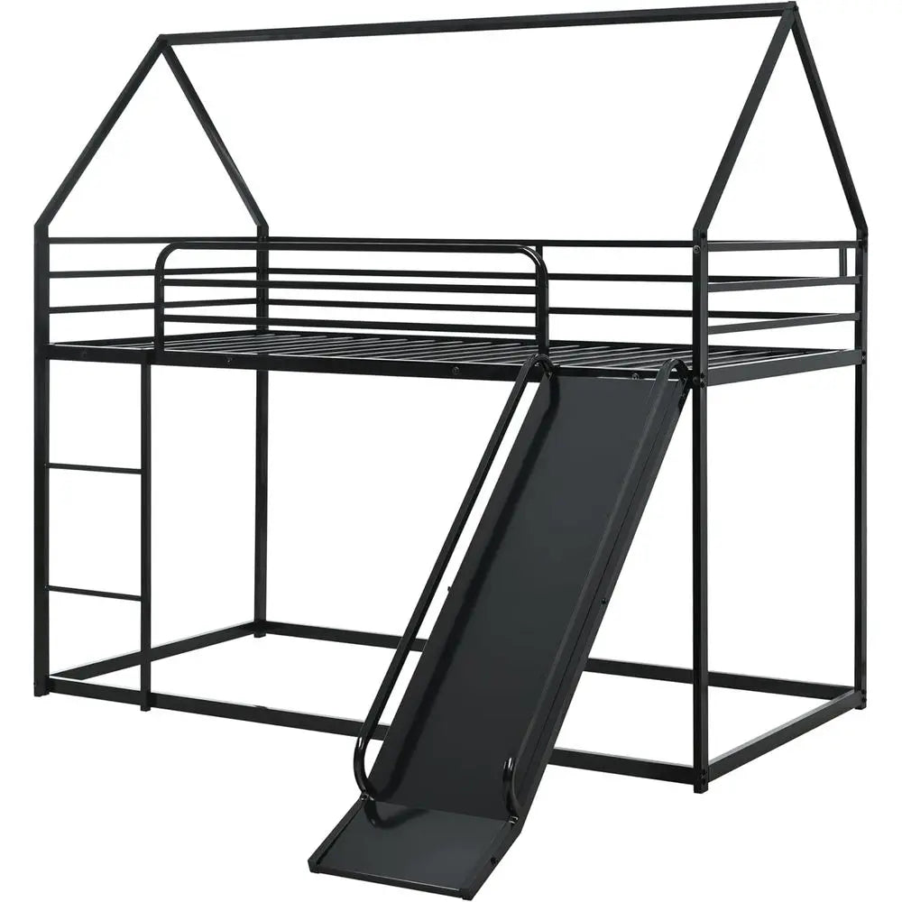 Bunk Bed with Slide or Kids,Bunk Bed Twin Over Twin, Metal Junior House Low Bunk Bed, Toddler loor Bunk Beds e with Guardrail or