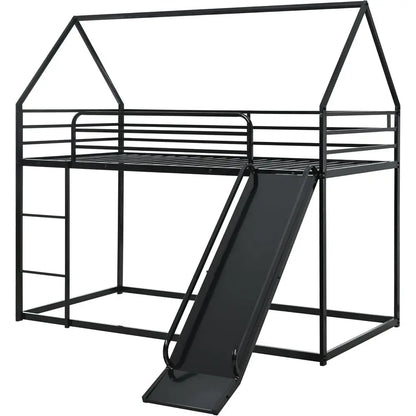 Bunk Bed with Slide or Kids,Bunk Bed Twin Over Twin, Metal Junior House Low Bunk Bed, Toddler loor Bunk Beds e with Guardrail or