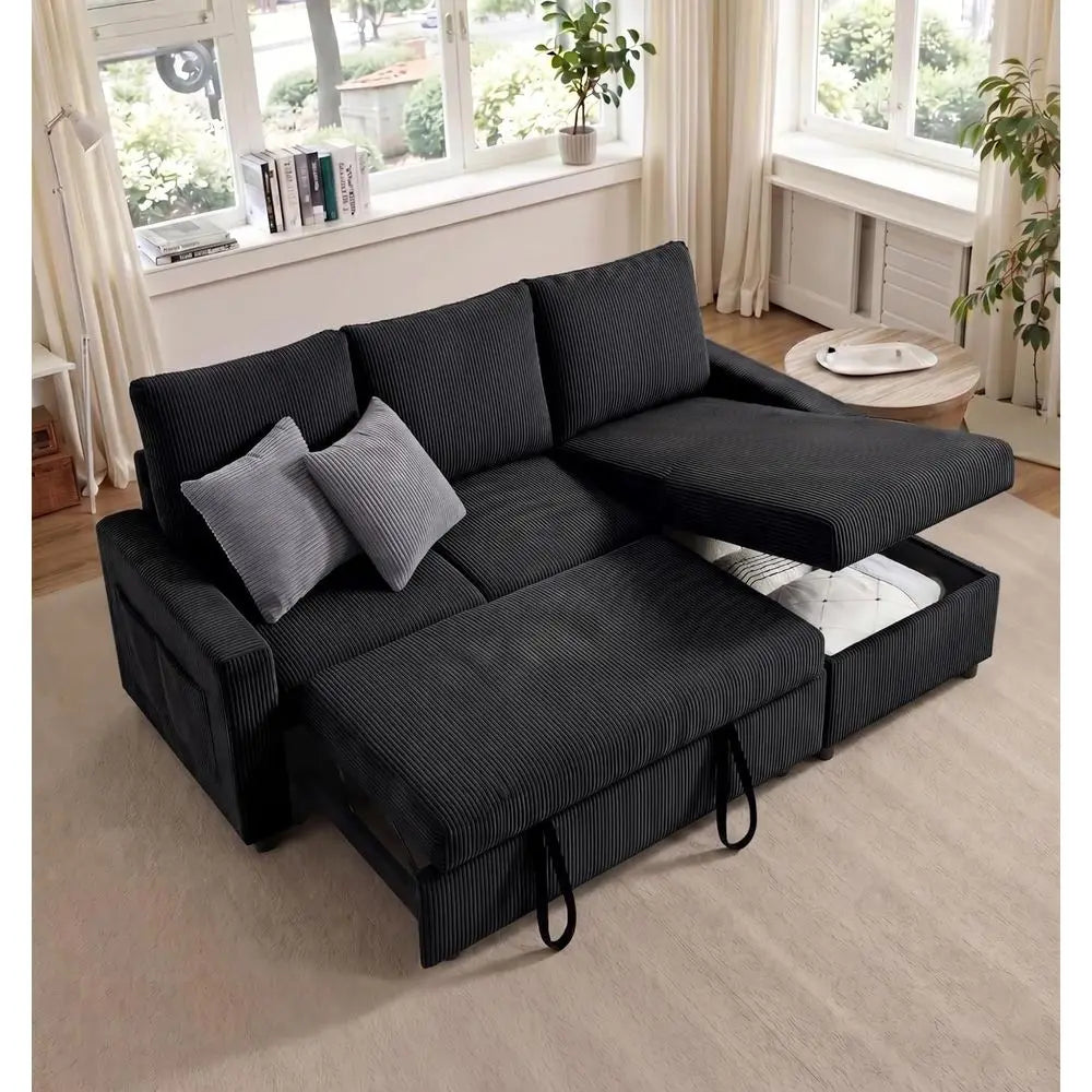 86in Reversible Sectional Soa Couch, Sleeper Soa Bed with Storage Chaise Pull Out Couch or Living Room (Deepblack)