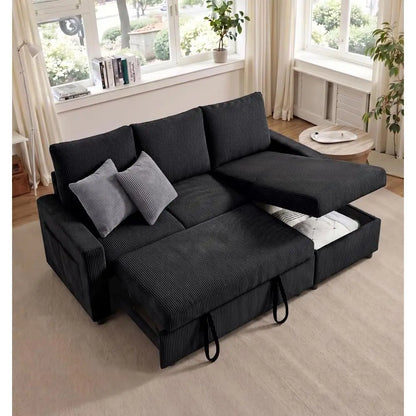 86in Reversible Sectional Soa Couch, Sleeper Soa Bed with Storage Chaise Pull Out Couch or Living Room (Deepblack)