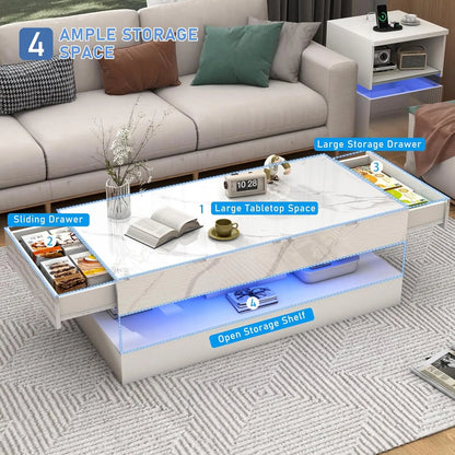 Modern Stylish Coffee Table with LED lights and 2 Storage Drawers