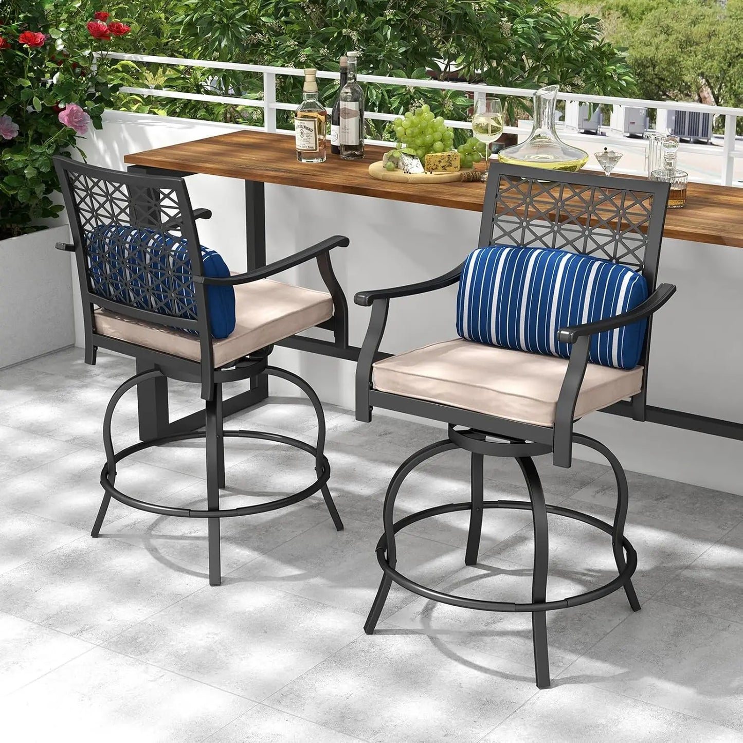 Swivel Counter Height Bar Stools with Footrest, Seat Cushions & Lumbar Pillows