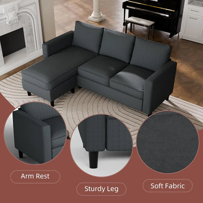 Convertible Sectional Sofa Couch L-Shape Movable Ottoman 3-Seat Soft Fabric Small Living Room Apartment Office Dark Gray, Custom