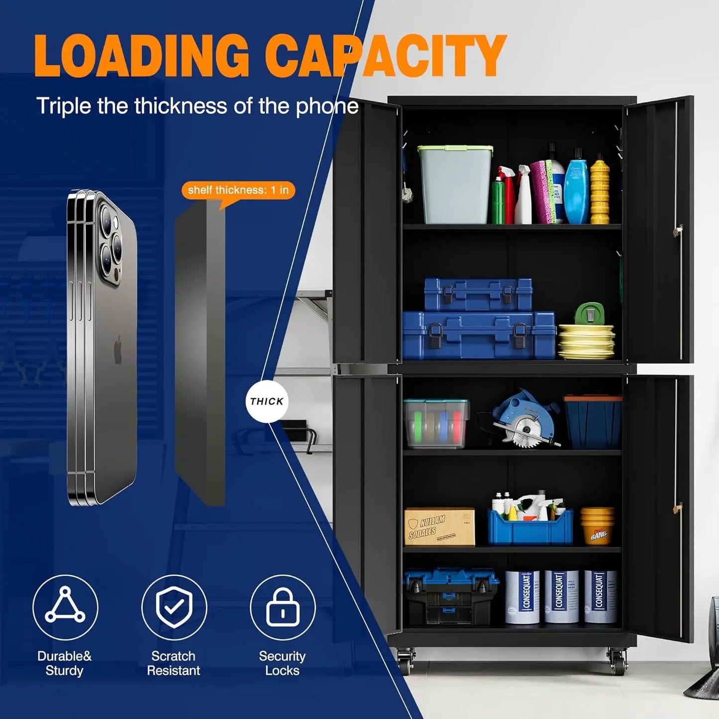 Metal Garage Storage Cabinet with Locking Doors and Adjustable Shelves, Rolling Tool Storage Cabinet with 4 Wheels