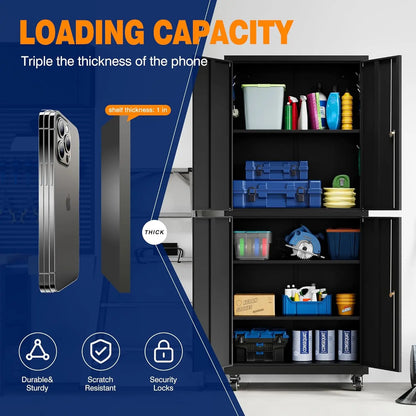Metal Garage Storage Cabinet with Locking Doors and Adjustable Shelves, Rolling Tool Storage Cabinet with 4 Wheels