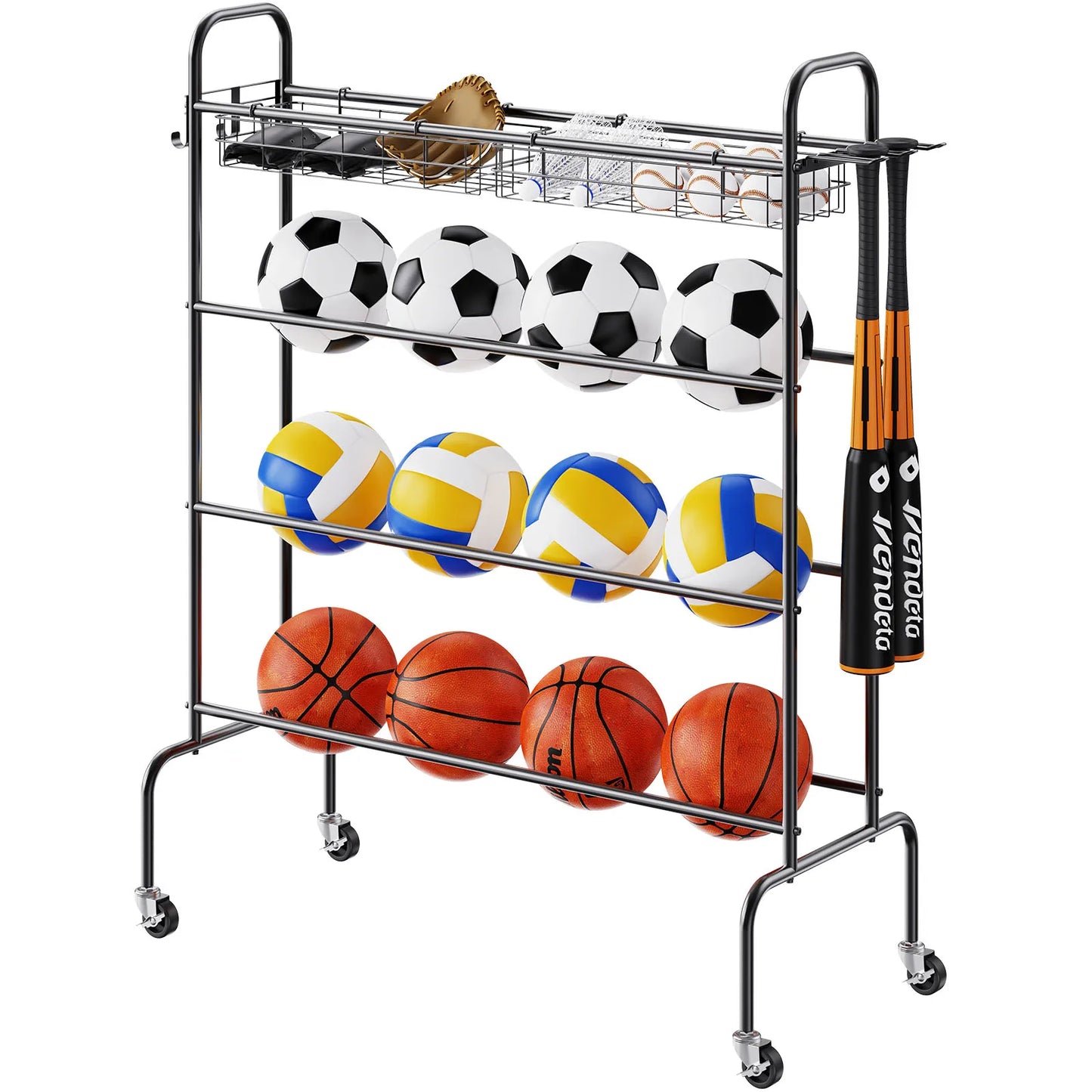 4-Layers Basketball Rack Rolling Storage Organizer