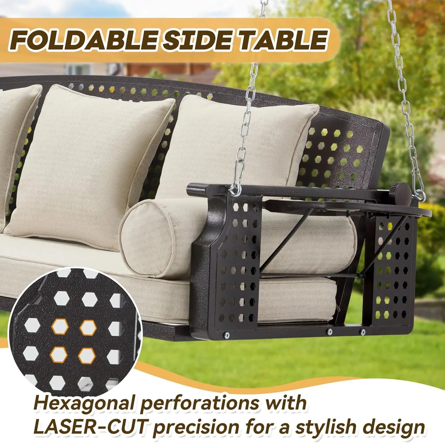 3 Seat Porch Swing with Cup Holders & 3 Back Cushions, includes Chains
