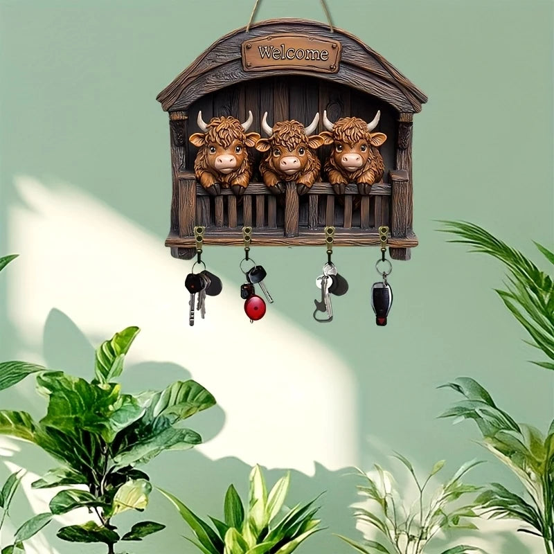 12in Retro  Three Highland Cow Wooden Key Hanger