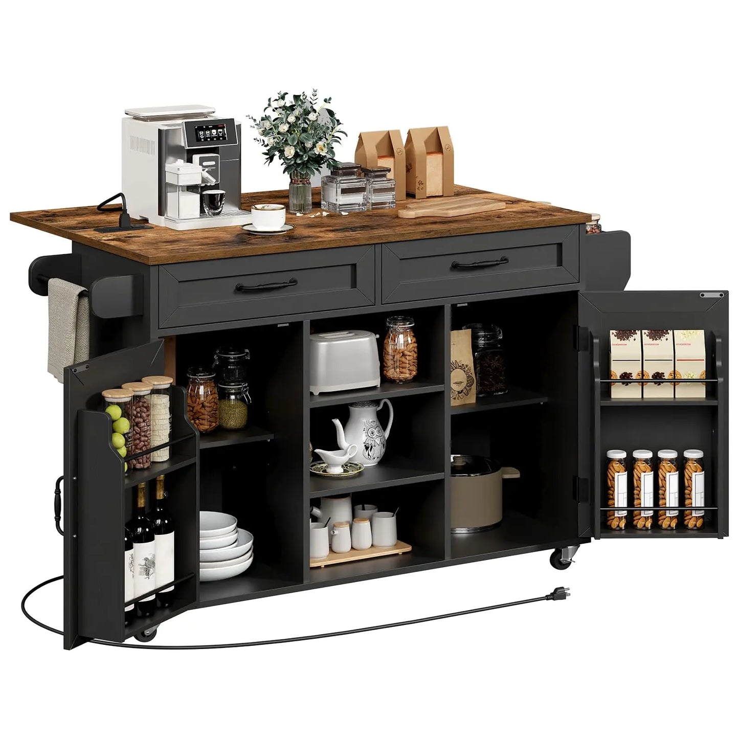 RALGEND Kitchen Island with Power Outlets & Drop Leaf, Kitchen Cart with Storage, Drawer and Spice Rack, Tower Rack