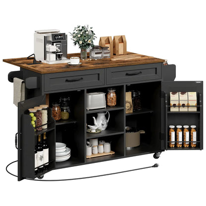 RALGEND Kitchen Island with Power Outlets & Drop Leaf, Kitchen Cart with Storage, Drawer and Spice Rack, Tower Rack