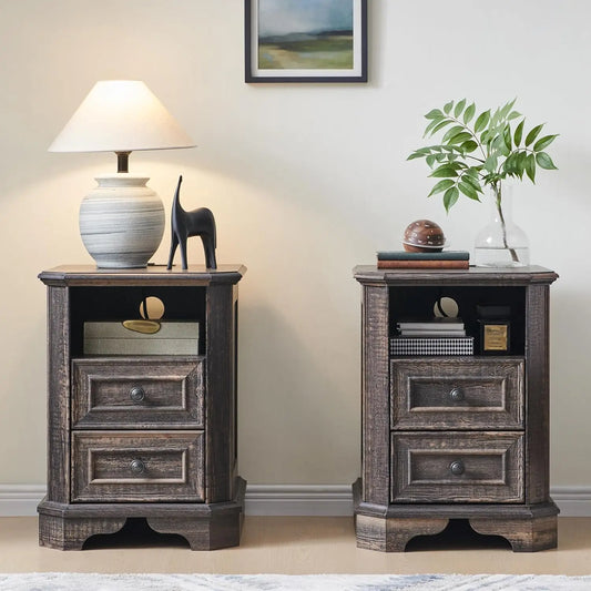 Farmhouse Nightstand Set of 2 with Charging Station 18' End Table with 2 Drawers