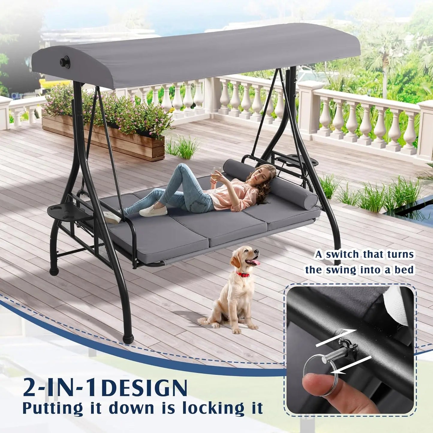 3 Person Outdoor Porch Swing with Canopy and Stand, Convertible 2 in 1 Porch Bed Swing , Customized