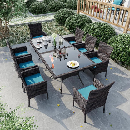 10 Piece Outdoor Dining Set, All-Weather Rattan Patio Furniture Set with Umbrella Hole Tempered Glass Square Table,, Customized