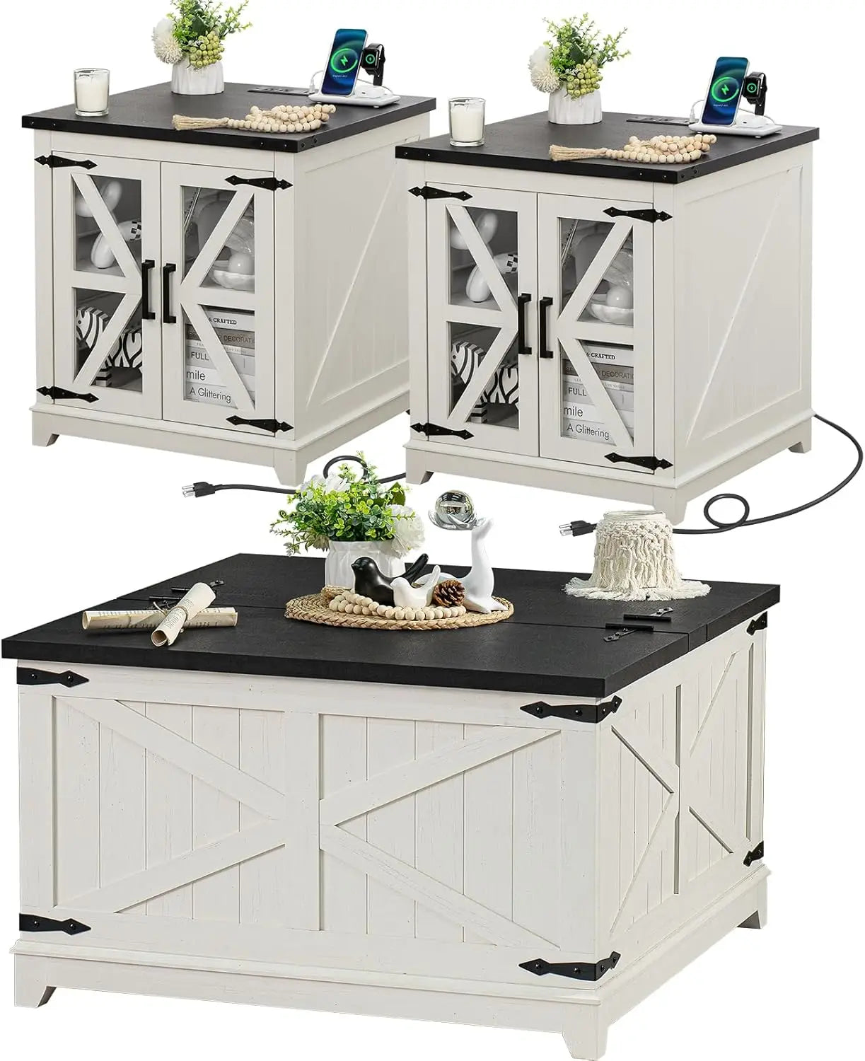 Farmhouse Coffee Table Sets 3 Pieces, Large End Side Tables with Charging Station and Coffee Table