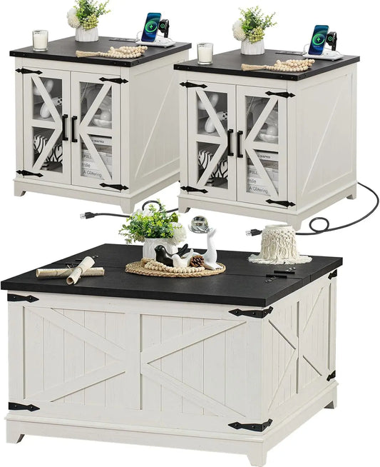 Farmhouse Coffee Table Sets 3 Pieces, Large End Side Tables with Charging Station and Coffee Table
