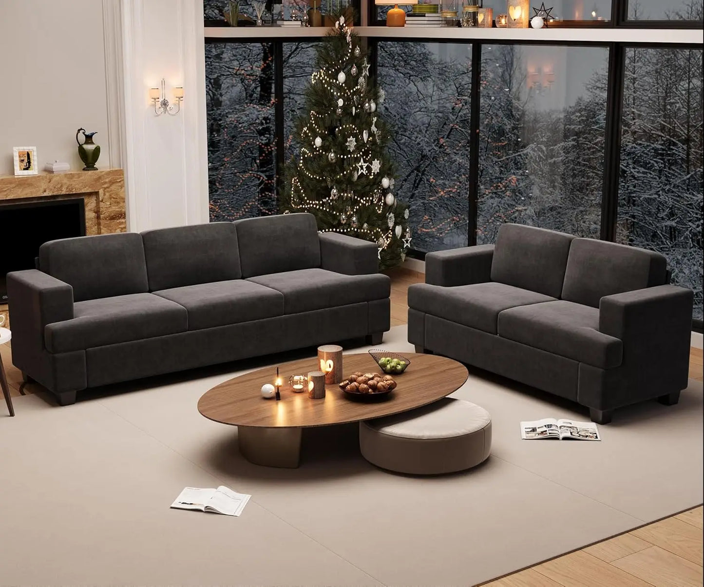 2 Pieces Corduroy Sofa Set for Living Room, Black Cloud Couch, Deep Seat Floor Couch for Bedroom, Futon Modern Sofa, Customized