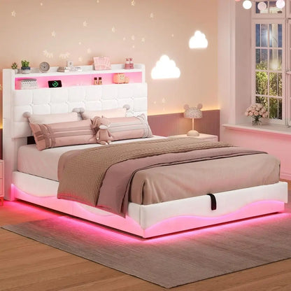 Twin Bed with LED Lights, Charging Station, Storage and Velvet Upholstery in Creamy White for Girls