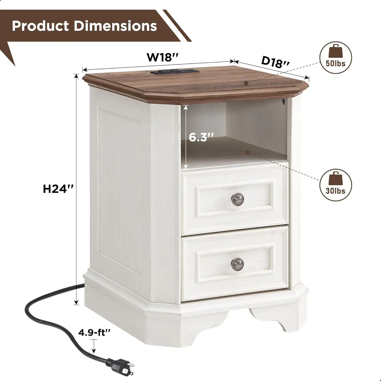 Farmhouse Nightstand Set of 2 with Charging Station 18' End Table with 2 Drawers