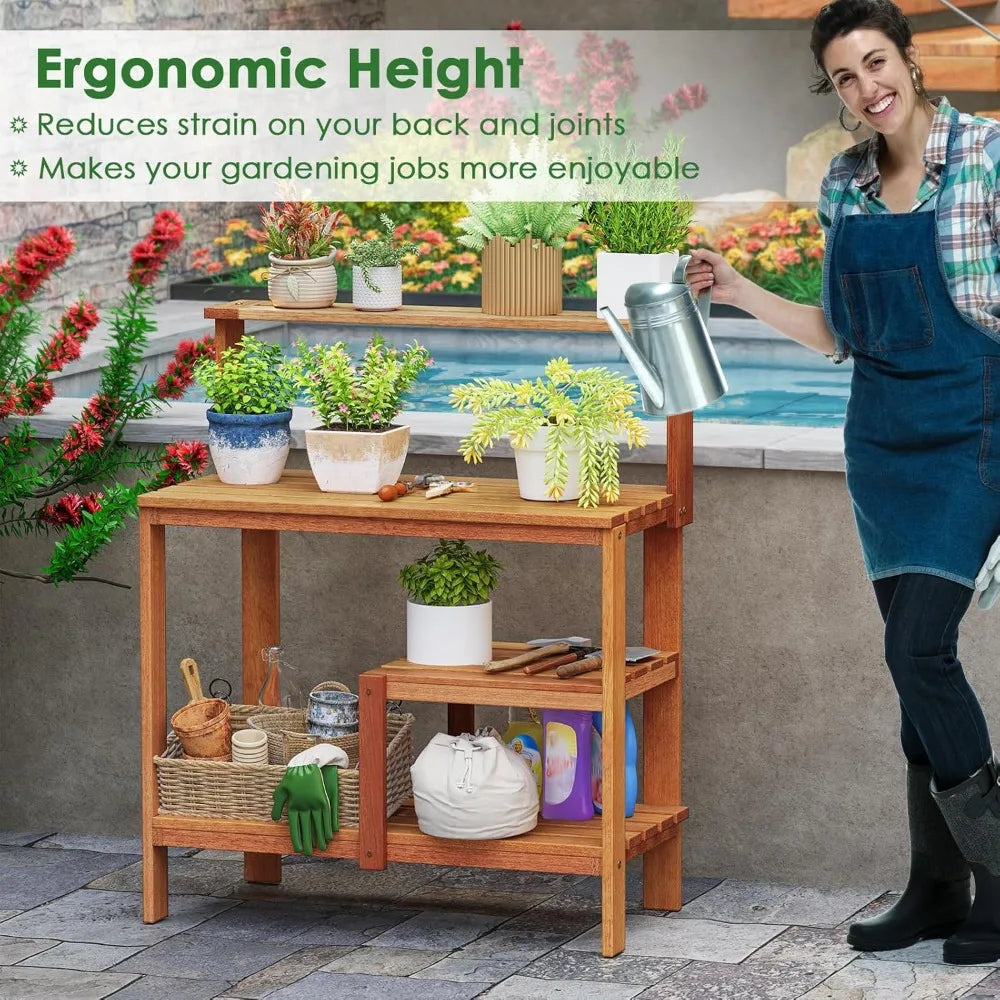 Garden Potting Table, Solid Wood Potting Table with Trellis, Open Shelves, Teak Oil Finish, Gardening Workstation & Planting Wor