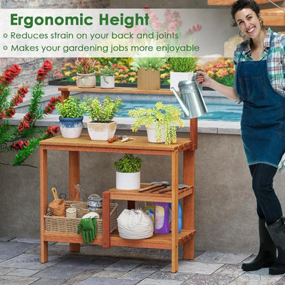 Garden Potting Table, Solid Wood Potting Table with Trellis, Open Shelves, Teak Oil Finish, Gardening Workstation & Planting Wor