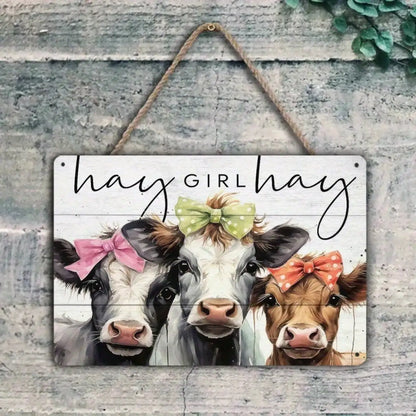 1PC Tin Sign Hay Girl Cow Art  Durable Metal, 8x12 Inches/20x30 Cm