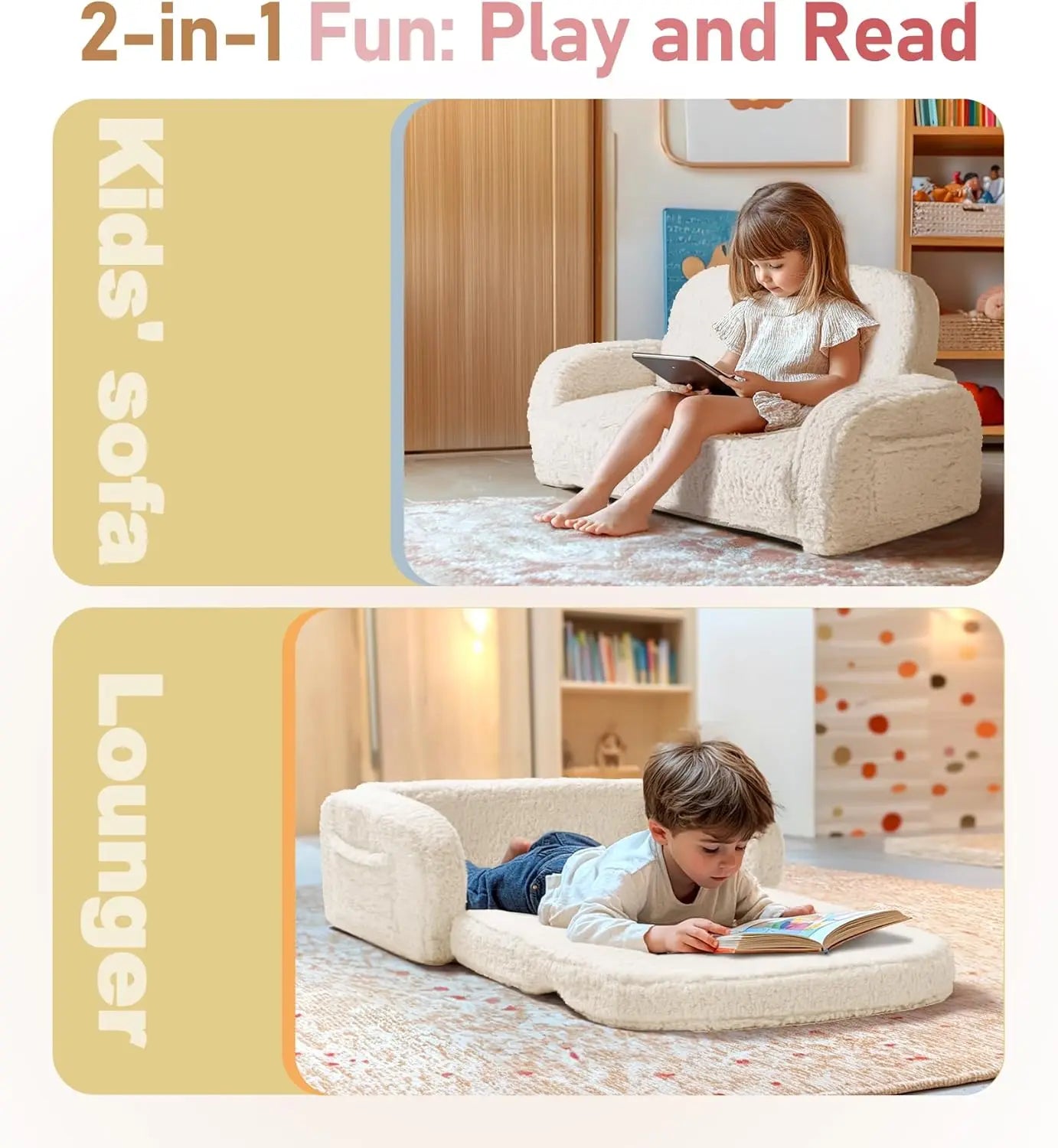 Convertible 2-in-1 Kids Couch & Lounger, Foldable Sofa Bed with High-Density Foam for Boys & Girls 3+, Beige