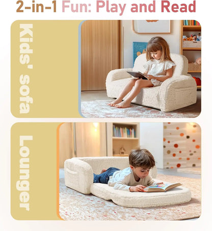 Convertible 2-in-1 Kids Couch & Lounger, Foldable Sofa Bed with High-Density Foam for Boys & Girls 3+, Beige