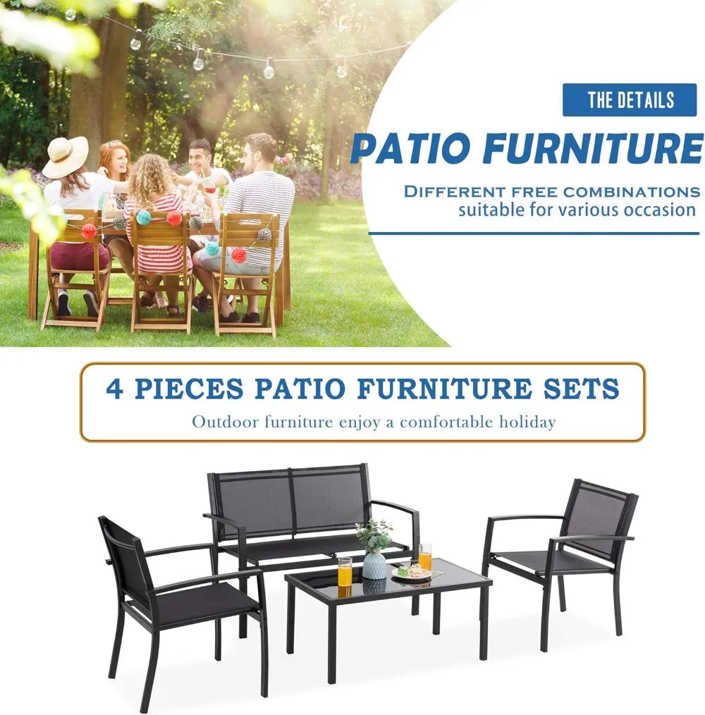 4 Pieces Patio Furniture Sets,Outdoor Patio Conversation Sets with Glass Coffee Table, Small Porch Balcony Furniture