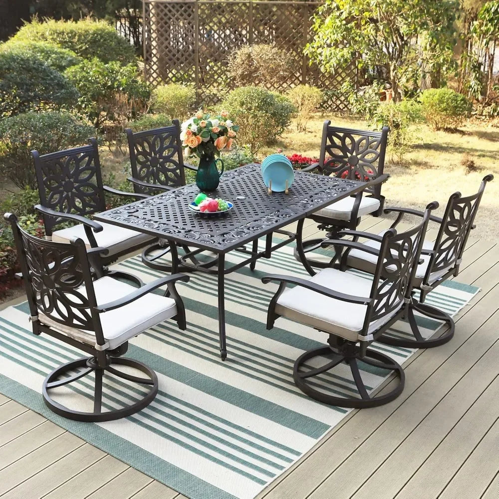 6-Person Rectangular Cast Aluminium Outdoor Dining Table, Patio Bistro Table with 2.3" Umbrella Hole for Porch Backyard