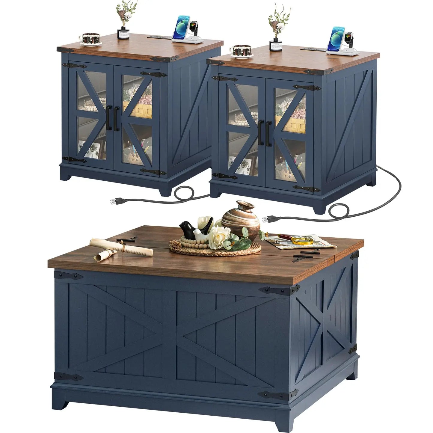 Farmhouse Coffee Table Sets 3 Pieces, Large End Side Tables with Charging Station and Coffee Table