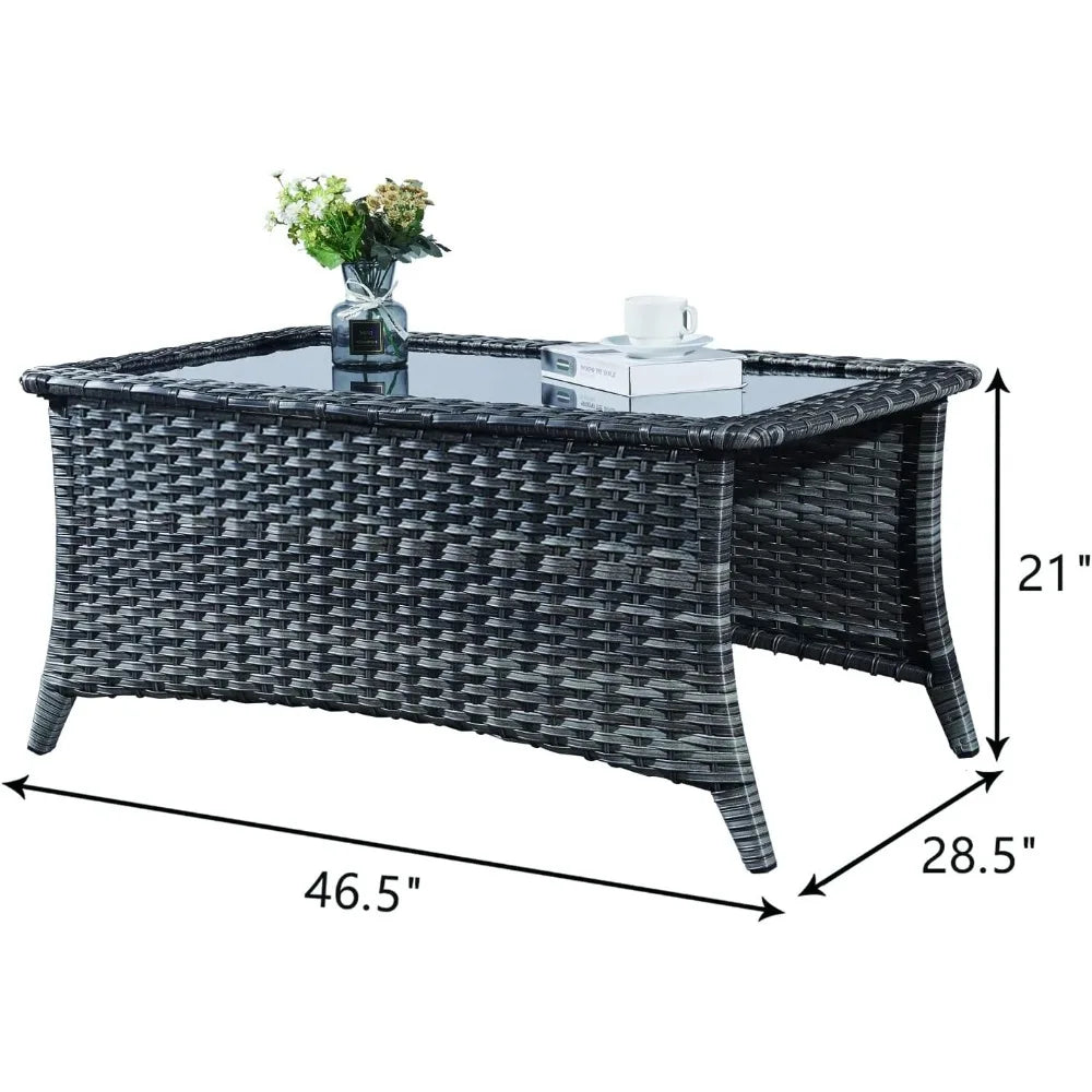 Rilyson Patio Tables Wicker Coffee Table - Outdoor Rattan Coffee Tables with Glass Top for Patio Proch Deck Balcony Rectangle Mi