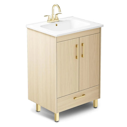 Fully Pre-Assembled 24 inch White Bathroom Vanity with Ceramic Sink Combo, 2 Soft Close Doors and 1 Drawer Bathroom, Customized