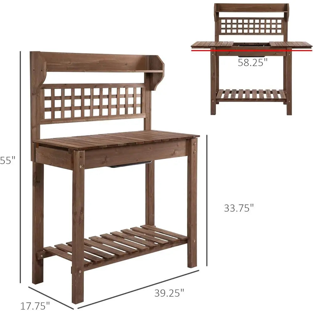 Outdoor Potting Bench Table, Wooden Workstation with Sliding Tabletop, Storage Shelf and Dry Sink, for Greenhouse, Garden, Patio