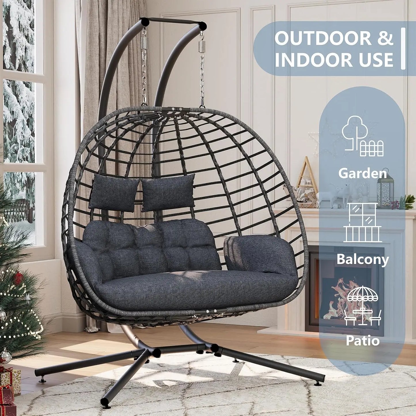 Double Egg Swing Chair with Stand, Outdoor Patio 2 Person Hanging Wicker Hammock Chairs with Cushion