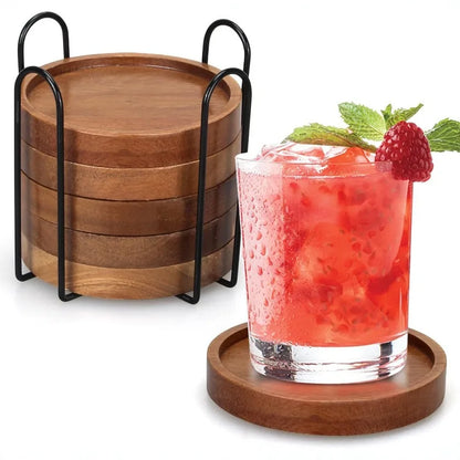 Wood Coasters for Drinks Absorbent Wooden Coasters with Holder for Table