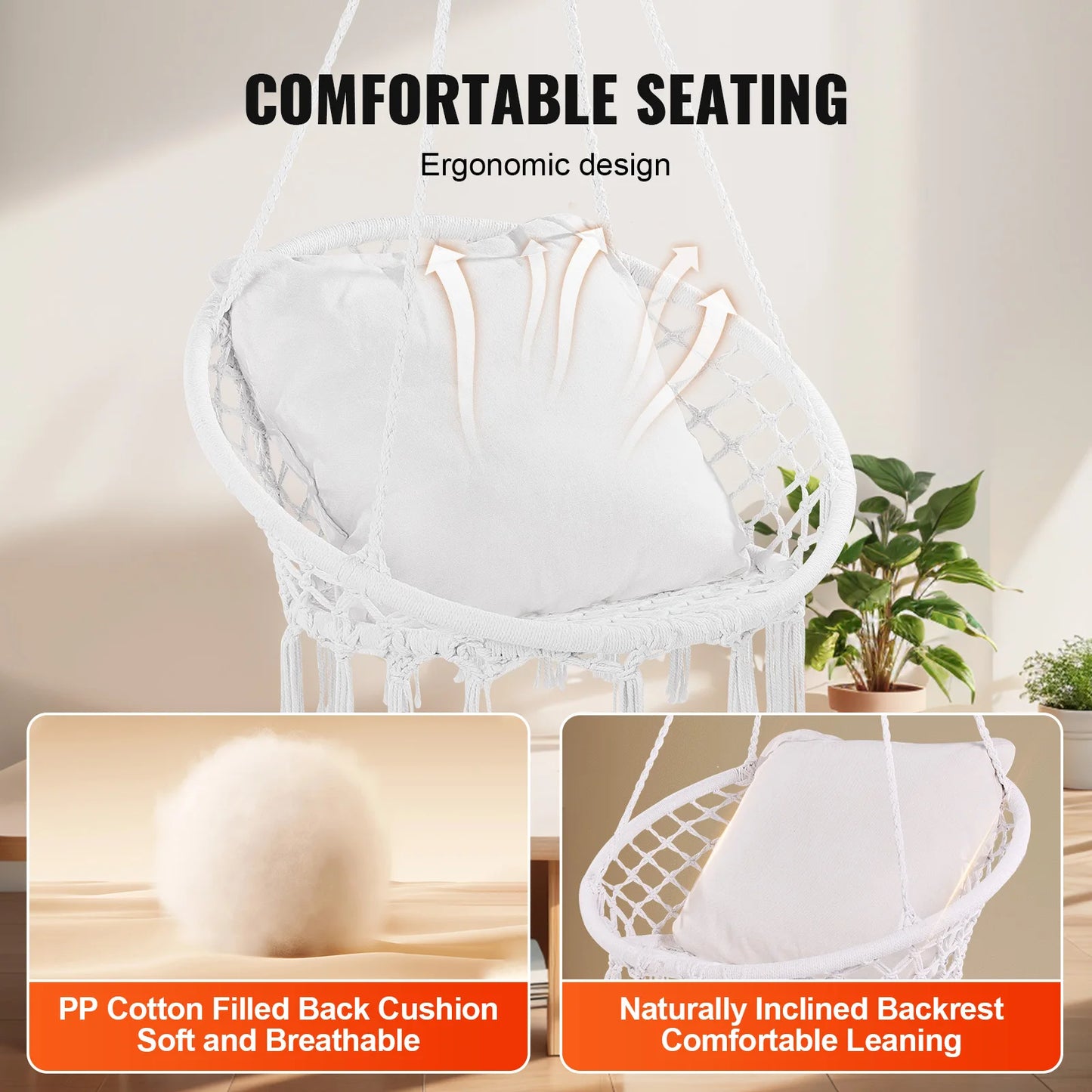 330lbs Macramé Hanging Rope Swing Chair for Bedroom, Balcony, Patio or Garden