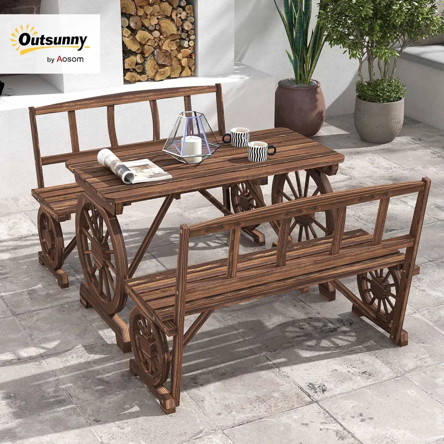 Outdoor Wooden Table and Chairs Set for 4 People, All Weather Patio Furniture with Wagon Wheel Design for Garden Deck