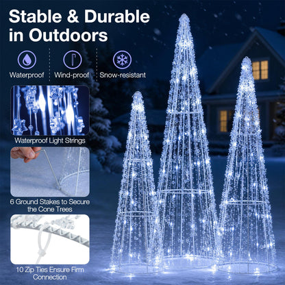 Pre-Lit Christmas Cone Trees Set of 3 with Cold White Lights
