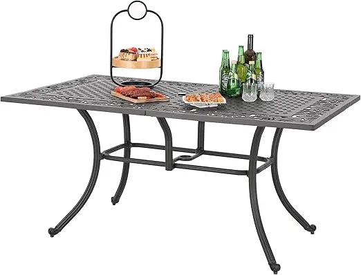 6-Person Rectangular Cast Aluminium Outdoor Dining Table, Patio Bistro Table with 2.3" Umbrella Hole for Porch Backyard