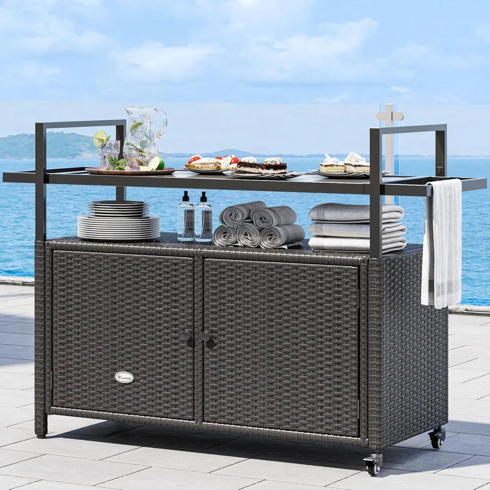 Large Outdoor Kitchen Wicker Island Rolling Cart, Patio Storage Cabinet w/Wheels