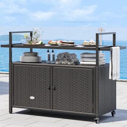 Large Outdoor Kitchen Wicker Island Rolling Cart, Patio Storage Cabinet w/Wheels