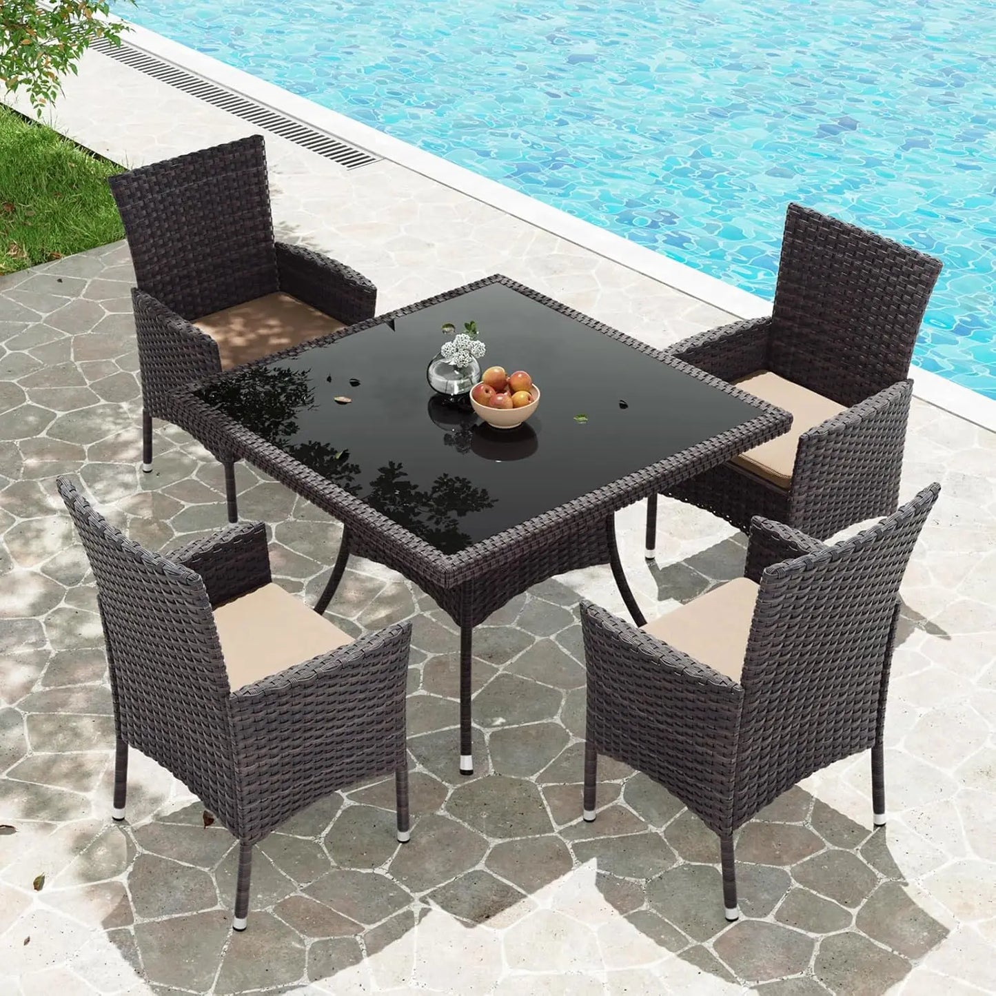 10 Piece Outdoor Dining Set, All-Weather Rattan Patio Furniture Set with Umbrella Hole Tempered Glass Square Table,, Customized
